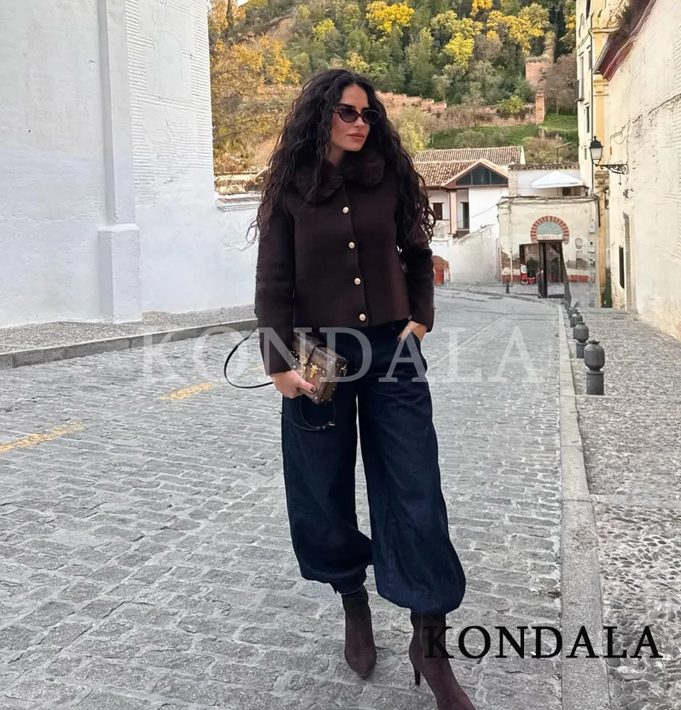 KONDALA Fall Fur Neck Vintage Cardigan Women Lapel Buttons Brown Knit Sweater 2026 Fashion Elegant Trendy Faux Fur Collar Jacket