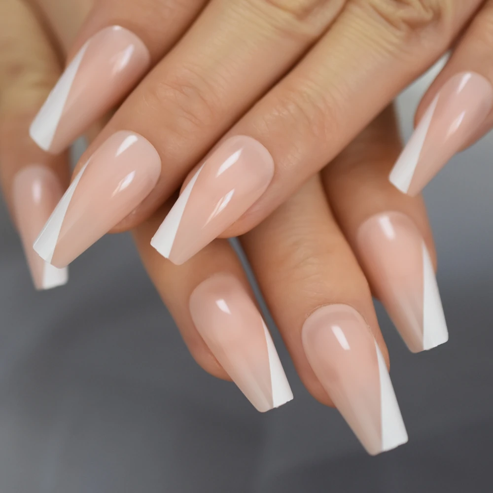 Błyszczące Super długie Nude Pink White French Smile Line Tips Shiny Ballerina Fake Art Nails Coffin Salon Fałszywe paznokcie