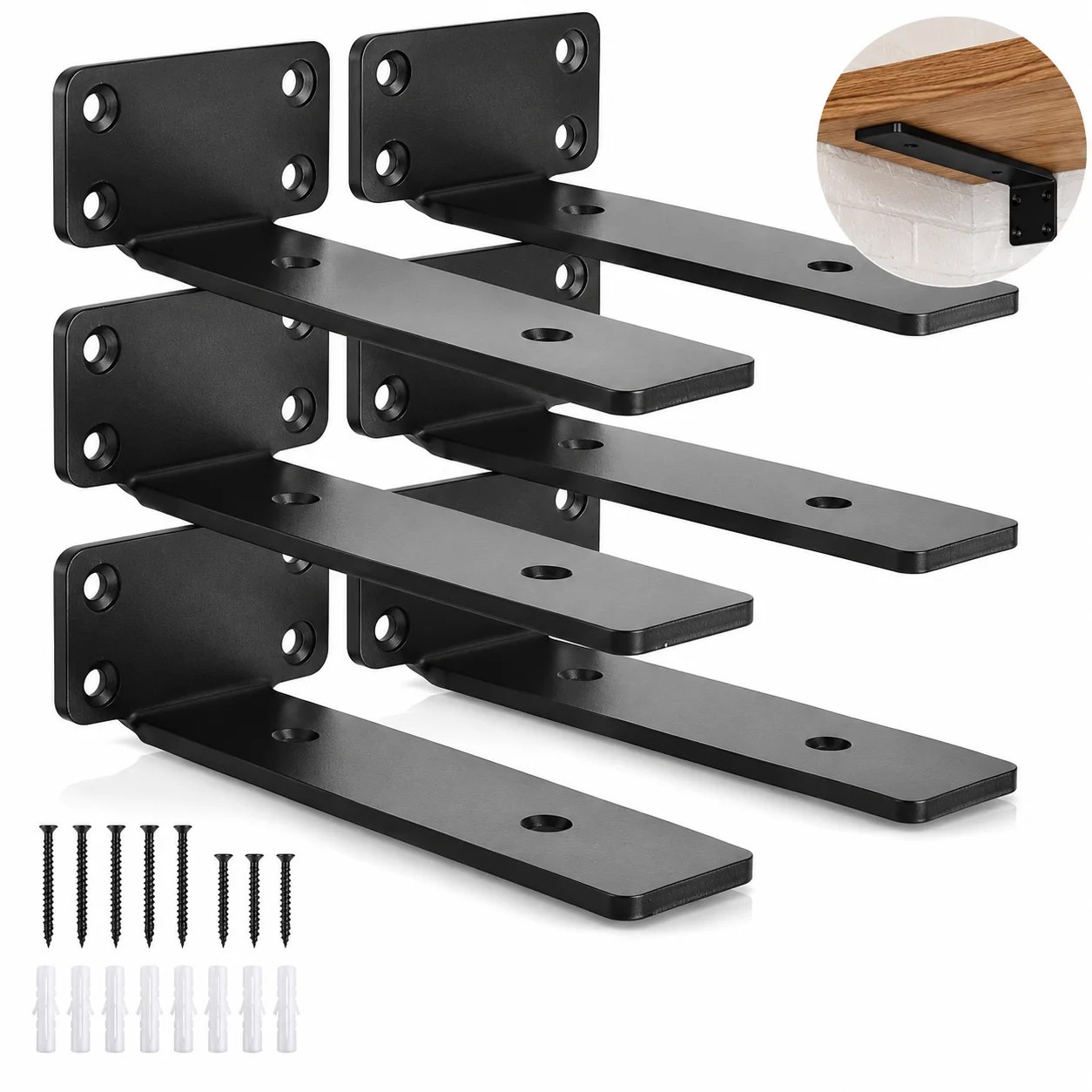 6 Pieces of Heavy-Duty Floating Shelf Bracket, Metal Wall Mounted Cast Iron Shelf Bracket, Black Coated Shelf Bracket, L Bracket