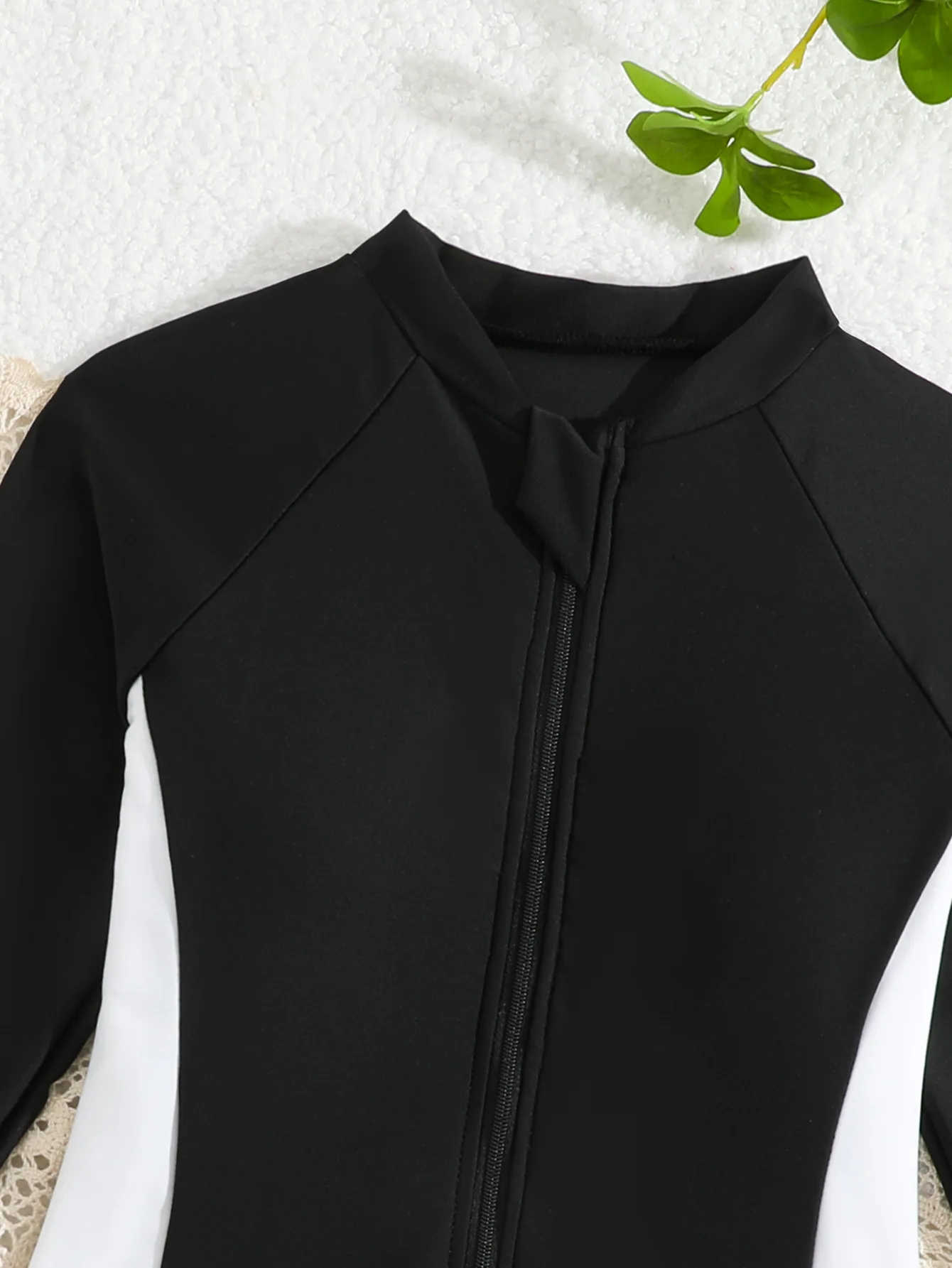 Children Black White Colorblock Long Sleeve One Piece Swimsuit Half Zip Front High Neck Sun Protection Rash Guard Bathing Suit view 4