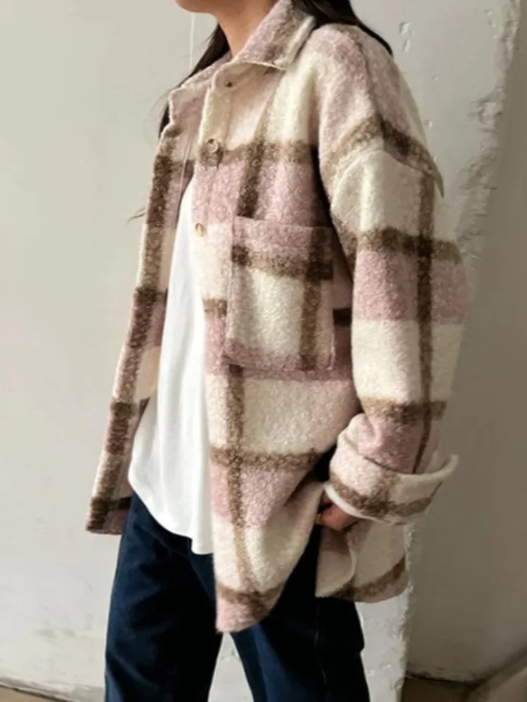 

Свободное шерстяное пальто в клетку для женщин, повседневное, с цветными блоками, с отложным воротником, в стиле Dongda Gate, модная верхняя одежда