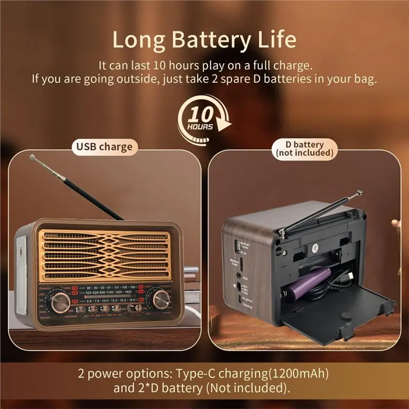 DTB7 Vintage Radio Portable AM FM SW, Wireless Bluetooth Speaker with LED Flashlight, Multifunctional Retro Soundbar with USB