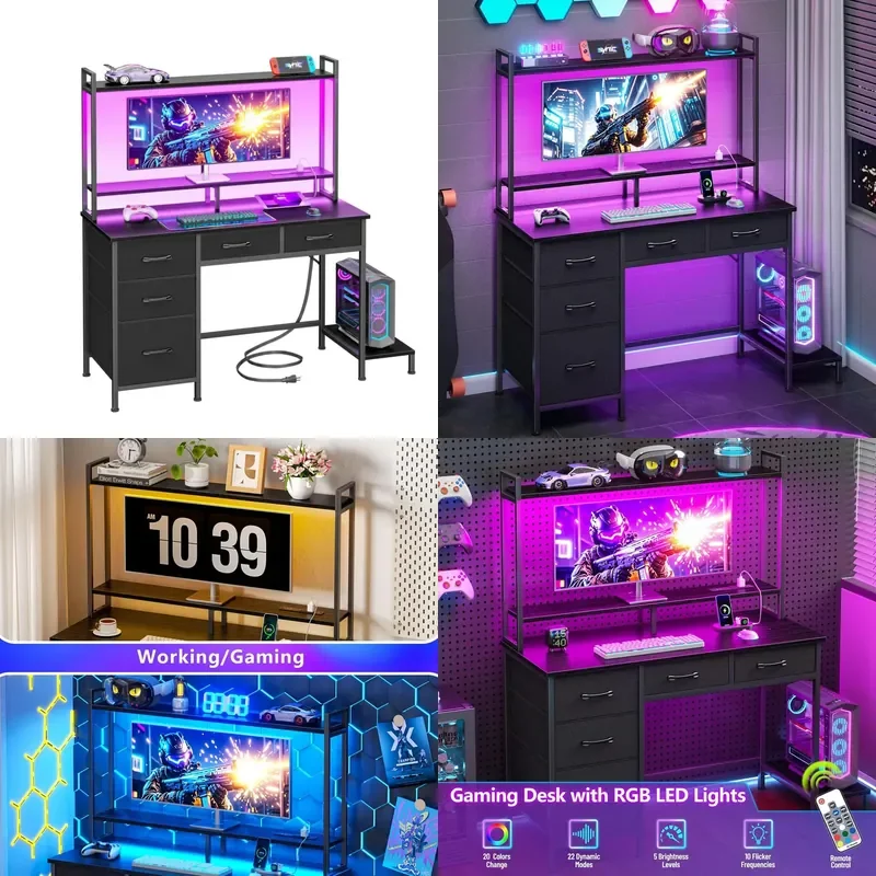 Gaming Desk with LED Lights Power Outlet Console Holder 5 Drawers Computer Workstation for Home Office