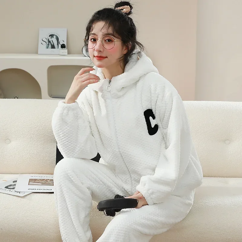 2024 New Women Sleepwear Winter Warm Thick Flannel Nightwear Zipper Fly Hooded Pajama Sets Lady Girls Cute Causal Loose Pyjamas