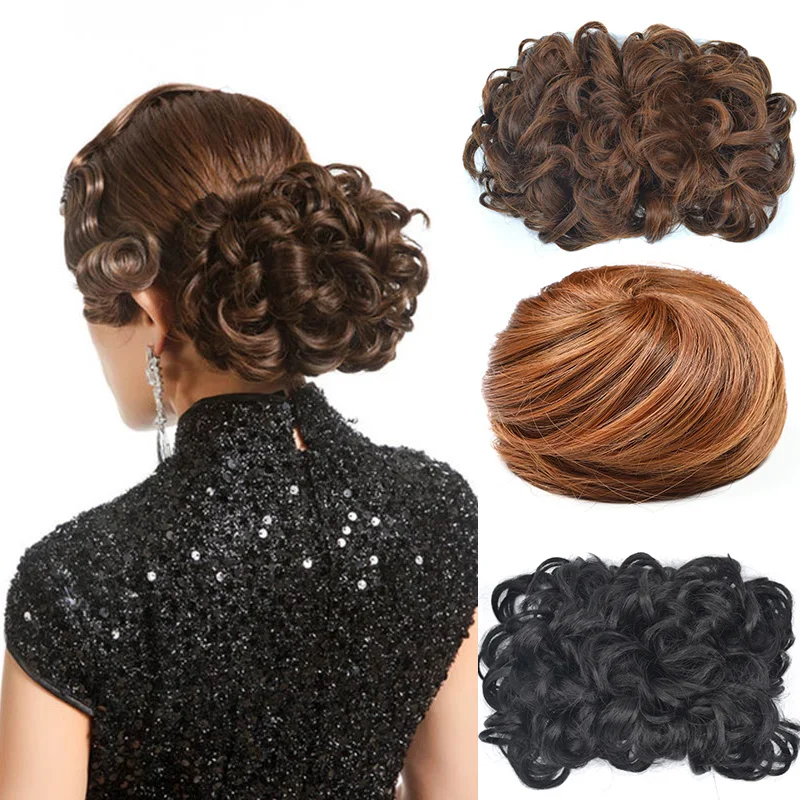 Jeedou Chignon Updo Elastic Drawstring Hair Bun Pad Black Brown Color Straight Curly Synthetic Hairpieces for Women Ladies