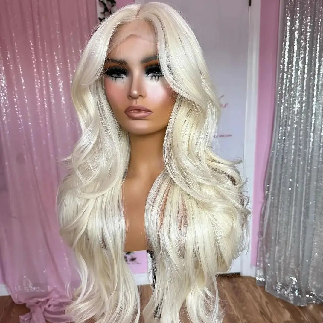 QW Body Wave Synthetic Lace Front Wigs for Women Platinum Blonde 13X4 Lace Frontal Wigs Cosplay Glueless Heat Resistant Fiber