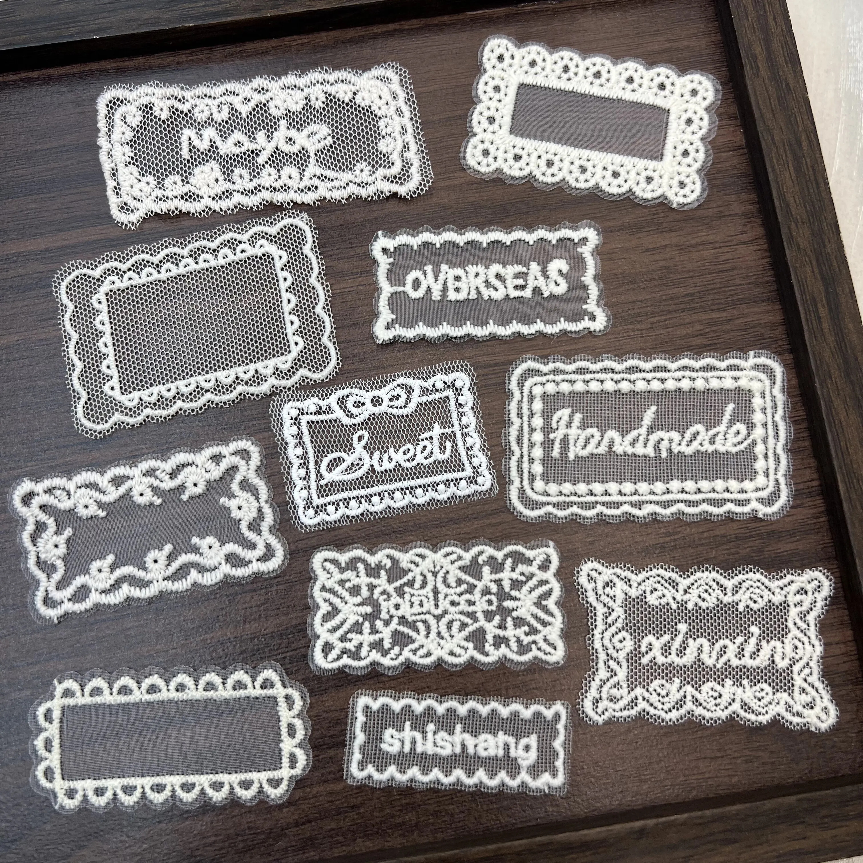 Lace Embroidery Labels Hollow Mesh Fabric Tags English Letter Sew-on Patches Handmade Garment Dress Hat DIY Craft Accessories