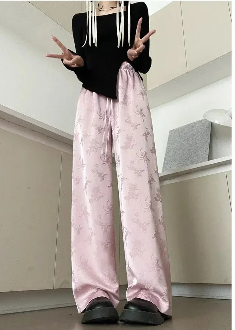 New Chinese Style Jacquard Satin Pants Wide Leg Draping High Waist Loose Straight Button Printed Elegant Vintage Homewear Pants