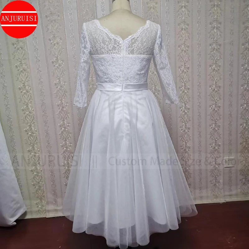 Drei Viertel Ärmeln Hochzeit Kleid Kurze Vestidos De Novia Frankreich Spitze Suknia Ślubna Mid-Kalb Länge Robe Mariage Trouwjurk