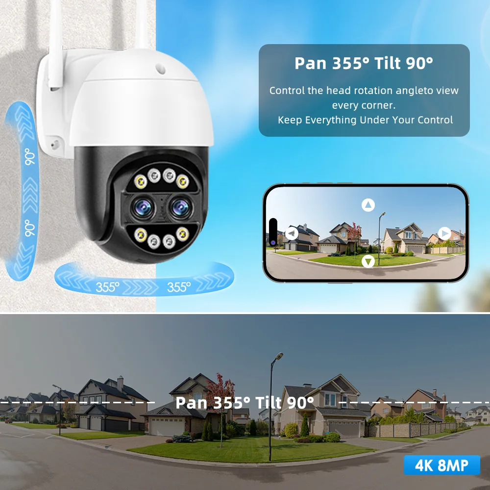 8MP 4K IP Dual-Lens Camera WiFi Security CCTV Camera Color Night Vision 4MP 2K 8X Digital Zoom IP66 Outdoor Surveillance Camera