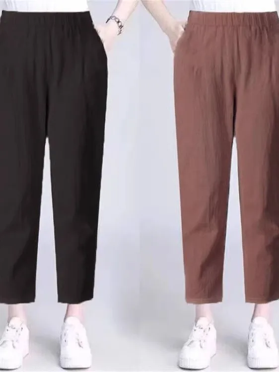 فضفاض مرونة الخصر القطن الكتان هارلان السراويل الكورية Sle تخفيف Faion منتصف العمر أمي الصيف سراويل تقليدية تسع نقاط السراويل #3