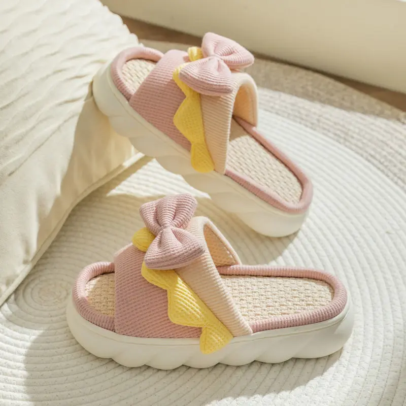 Linen Slippers Women Indoor Slippers Comzy Anti-Slip House Cotton Shoes Cute Bowknot Flat Slipper Couples Slides image 4