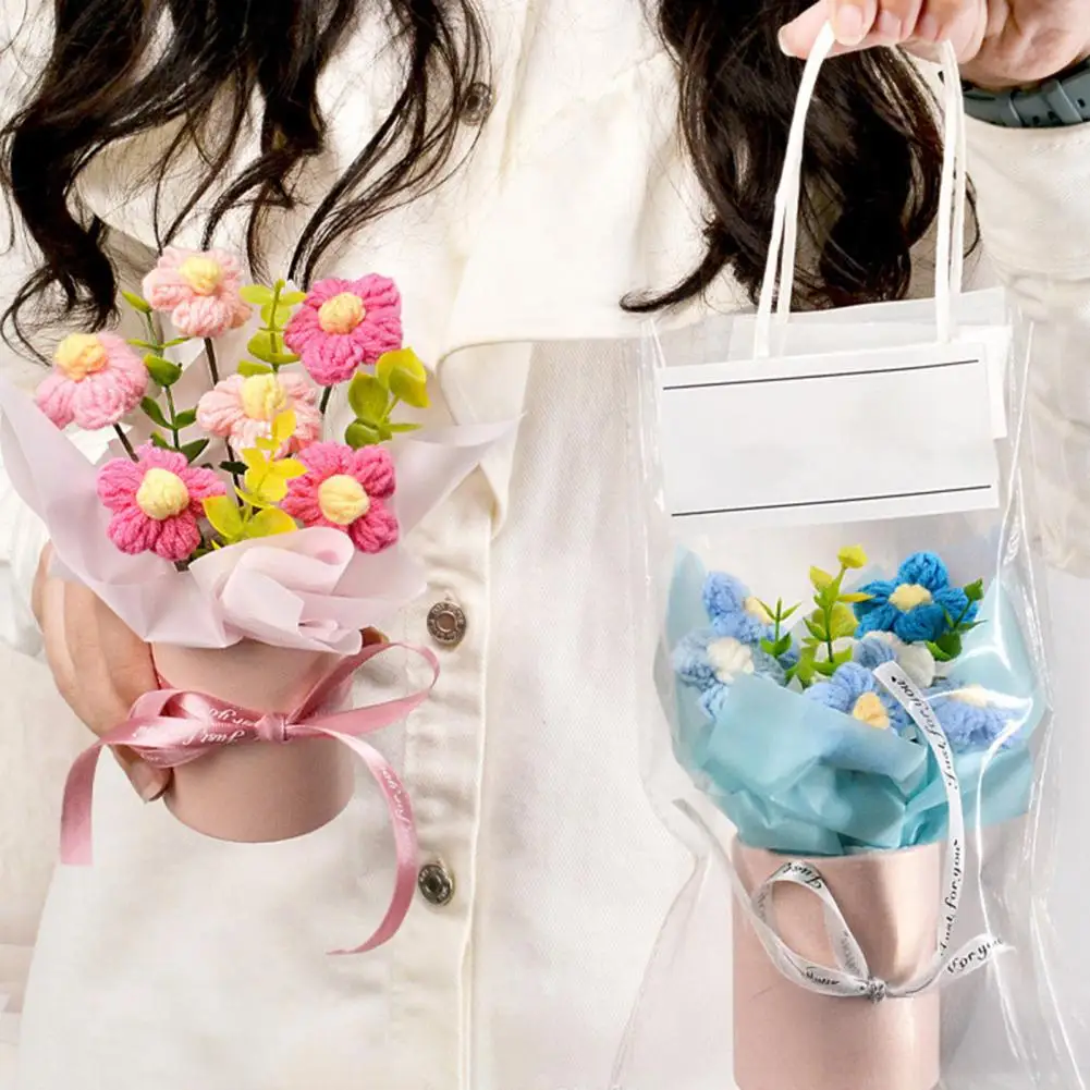 Long-lasting Flower Bouquet Handmade Crochet Flower Bouquet Artificial Knitted Sunflower Tulip Arrangement Puff for Mother