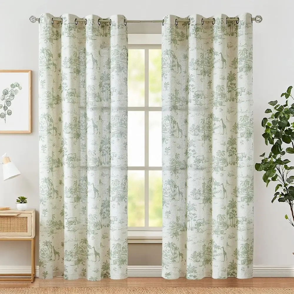 Cortinas Toile de linho com ilhó 96 - Cortinas florais verdes estilo fazenda para sala de estar e quarto