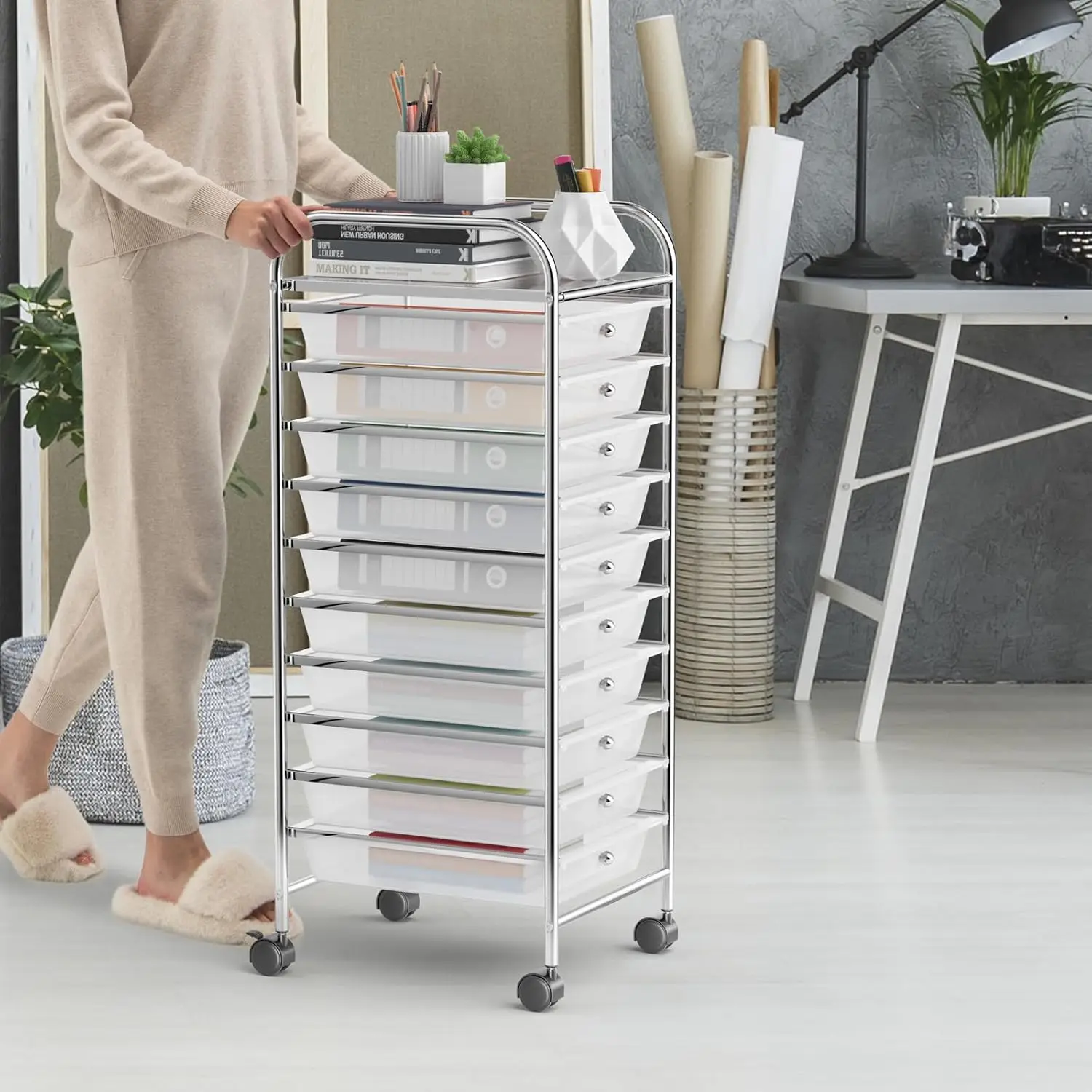 Drawer Rolling Cart 10 Drawers Office Home Teacher Use Storage Organizer Utility All Seasons Universal Portable Handles & Lockable Wheels