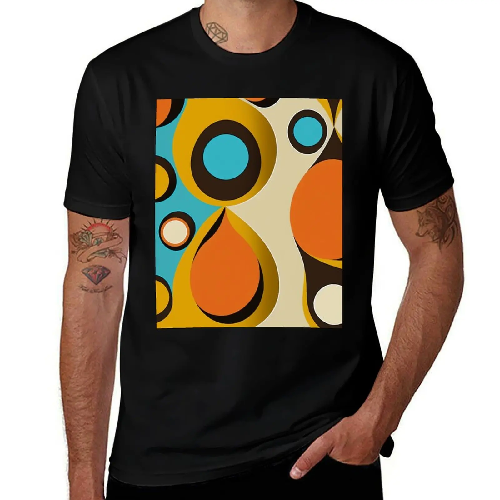 Retro Sixties Mod Flowers (blue, brown, orange) T-Shirt Basic Comfort Fit for Men T-Shirt
