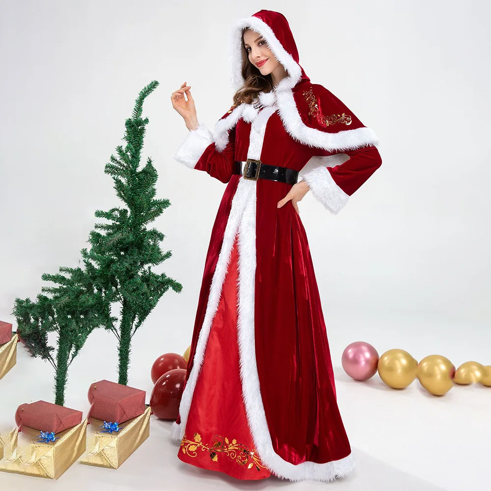 Robe de Noël à capuche rouge, châle à fourrure, jupe longue, fête annuelle, nouveau, 2023