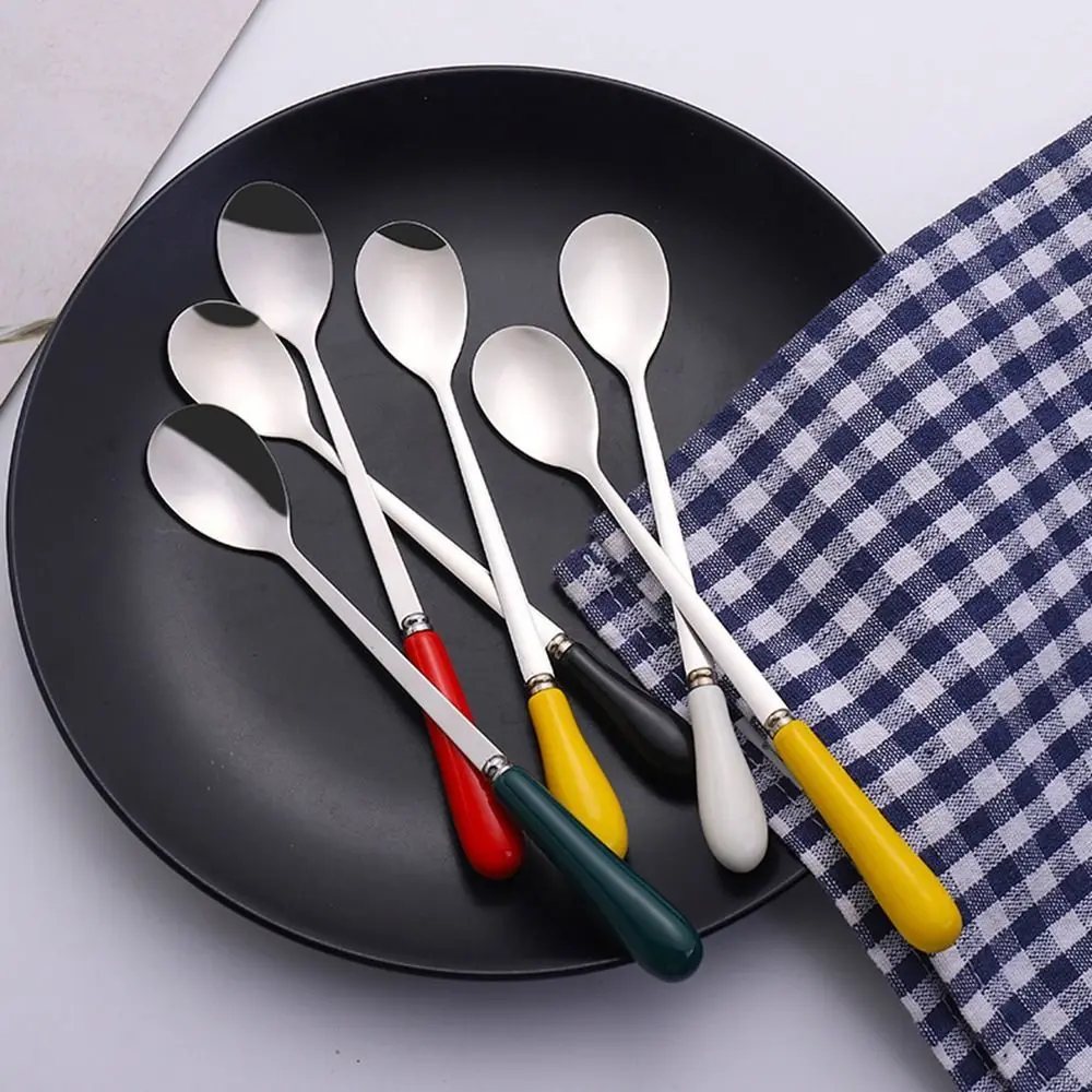 Kitchen Stainless Steel Ceramic Handle Ice Cream Coffee Spoons Stirrer Stirring Tool Teaspoon