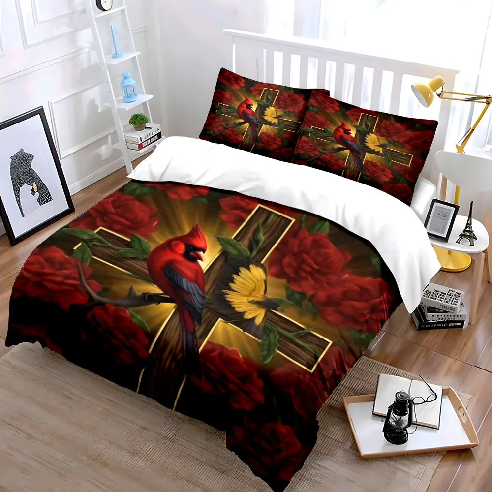 

"Floral Cross with Vibrant Birds" Exquisite three-piece bedding set gift for kids and adults