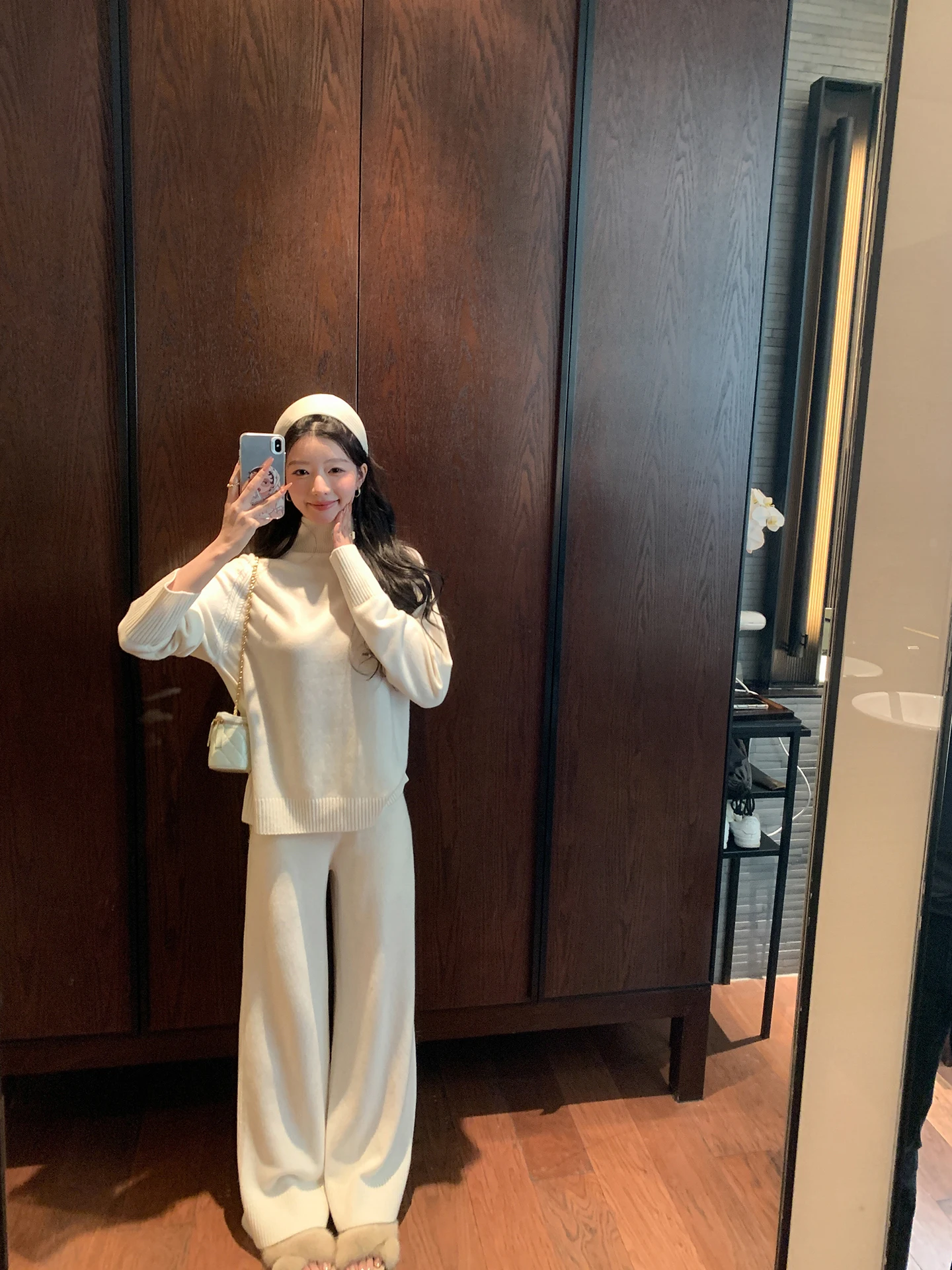 

Теплый шерстяной вязаный свитер с высоким воротником и широкими брюками с высокой талией, комплект из двух предметов, женский зимний модный комплект для поездок на работу