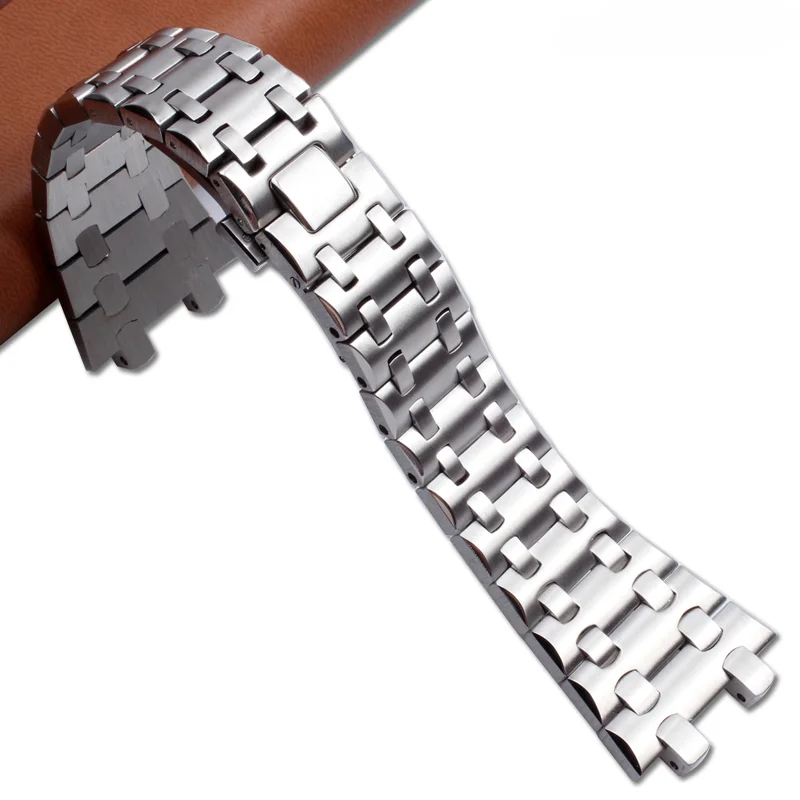 Silvery Anti-Rust Solid Stainless Steel Butterfly Buckle Watch Strap for Ap Men Royal Oak Replace 15703 15710 Watchbands 28mm