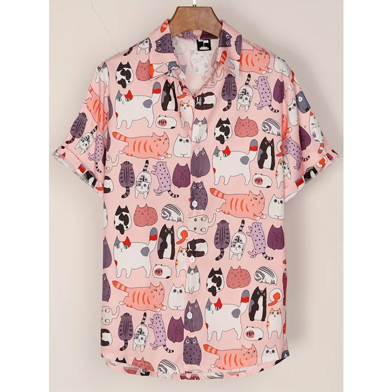

Гавайская рубашка с узором Love Flowers Leaves для женщин и мужчин с котом и 3D принтом с короткими рукавами, летние свободные рубашки Aloha, блузка с лацканами, топ