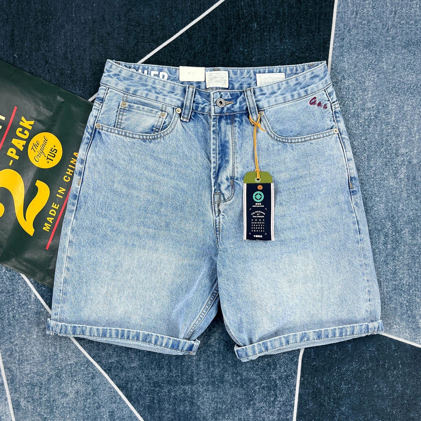Summer New American Retro Heavyweight Light Blue Denim Shorts Men's Amekaji 88% Cotton Washed Old Straight Casual 5-point Pants
