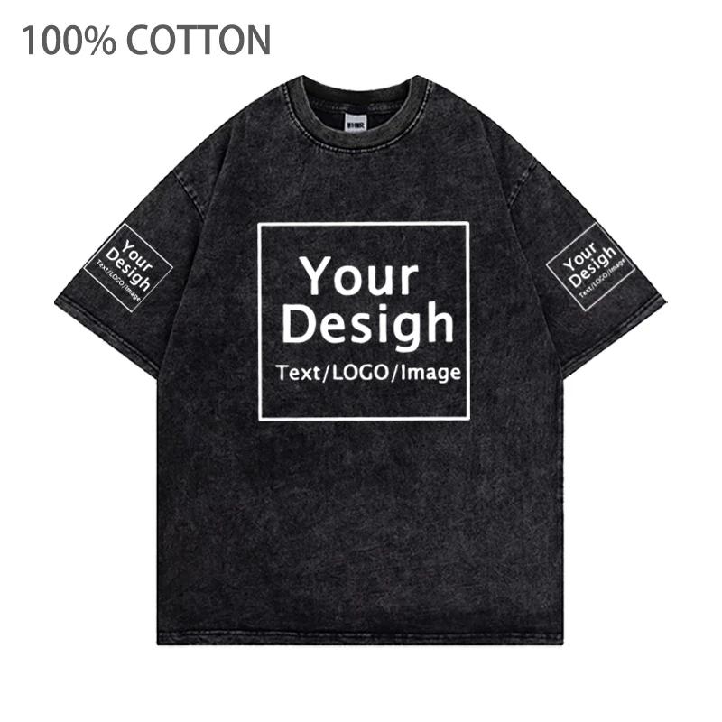 Custom Your LOGO Hip Hop Streetwear Men Summer 100% Cotton T-shirts Oversized DIY Personalized Retro Washed Short Sleeves Tops