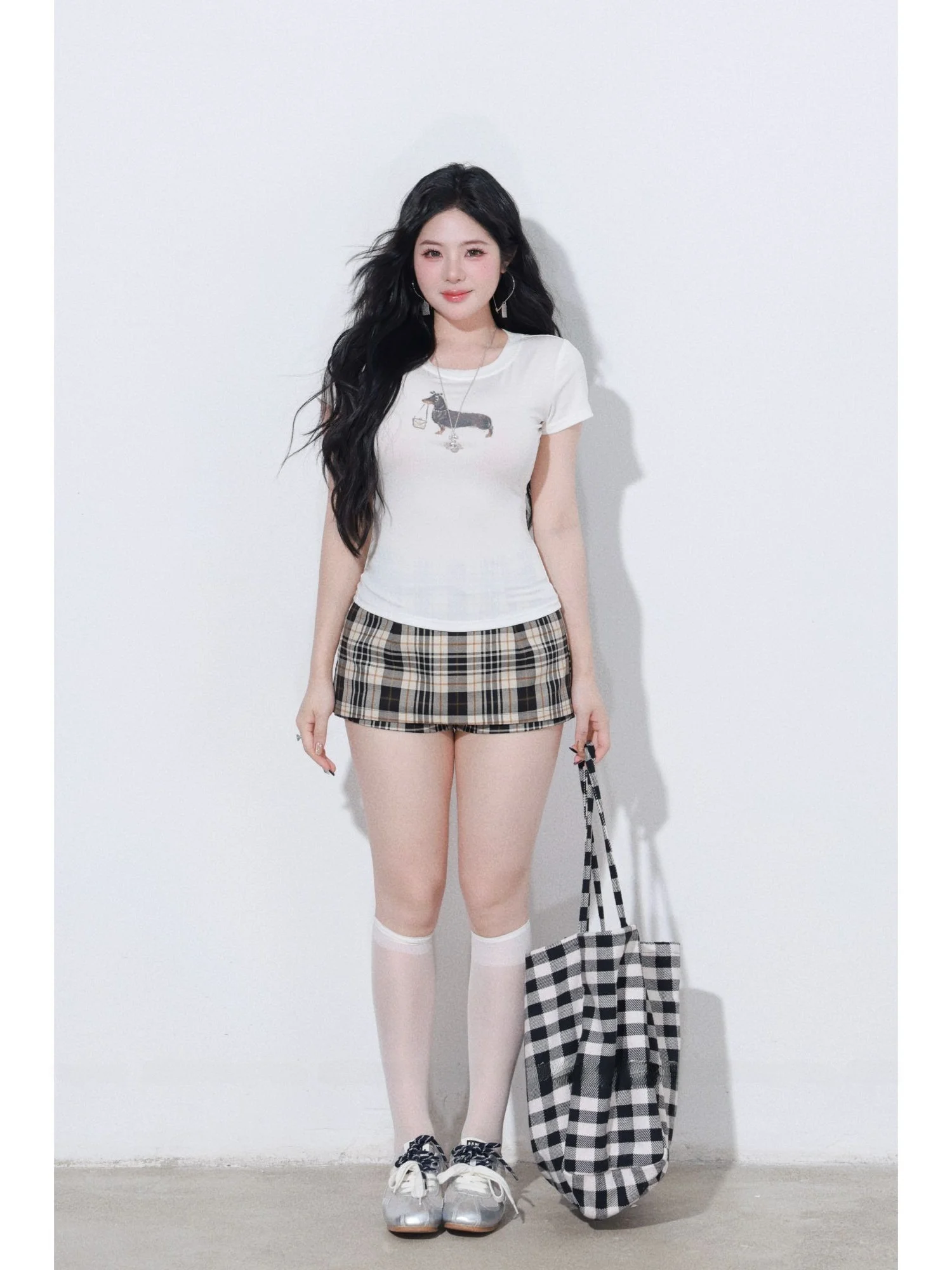 

Летний модный женский комплект из двух предметов: топ в стиле Sweet Petting Style Lenzing Simple Slim Fit и юбка в клетку