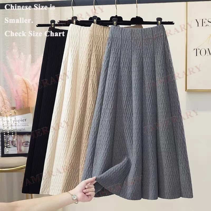

Autumn Winter Midi Pleated Knitted Skirt For Women Stretch High Waist A-Line Umbrella Skirt Sweater Large Hem