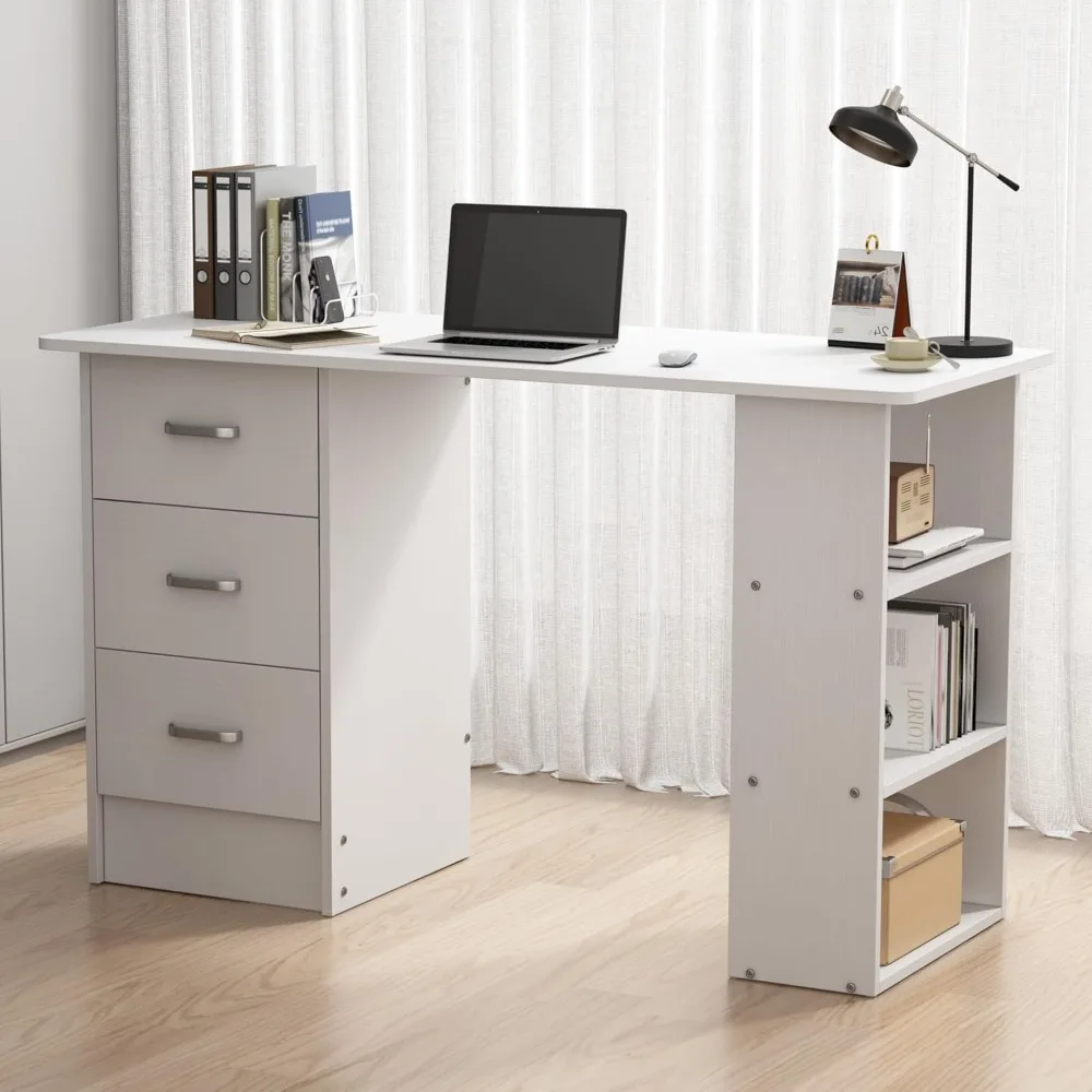 Computer Desk with Drawers,Standing Desk with Storage Racks,Writing Desk for Home Office or Bedroom (White)