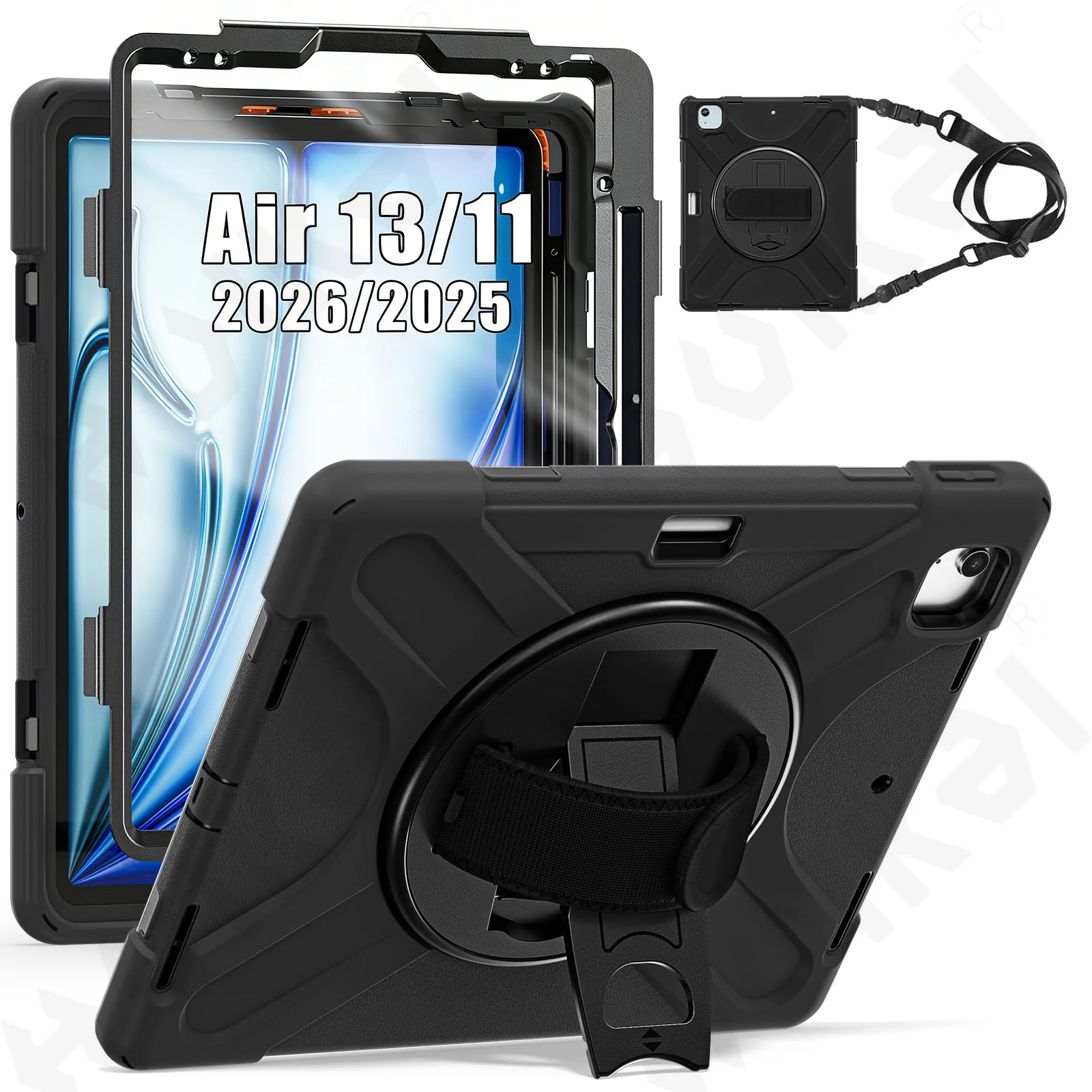 

Чехол для iPad Air 13 11 2026 2025 4G 5G, сверхпрочный, вращающийся, ударопрочный, с подставкой, ремнем для ношения на руке и на плече, черный
