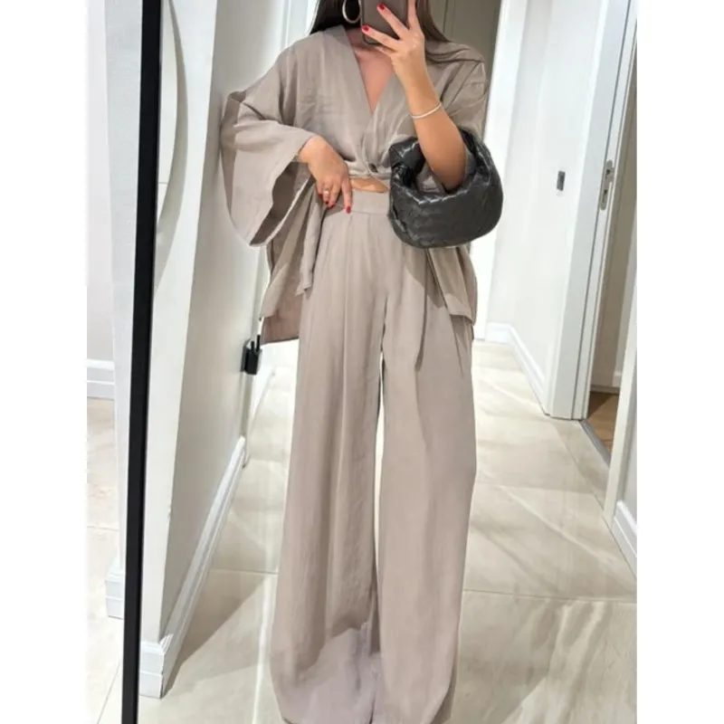 

Spring Summer Loose Casual Linen Two-Piece Set Women Relaxed V-neck One Button Top & Wide-Leg Pants Set OL Solid Color Outfits