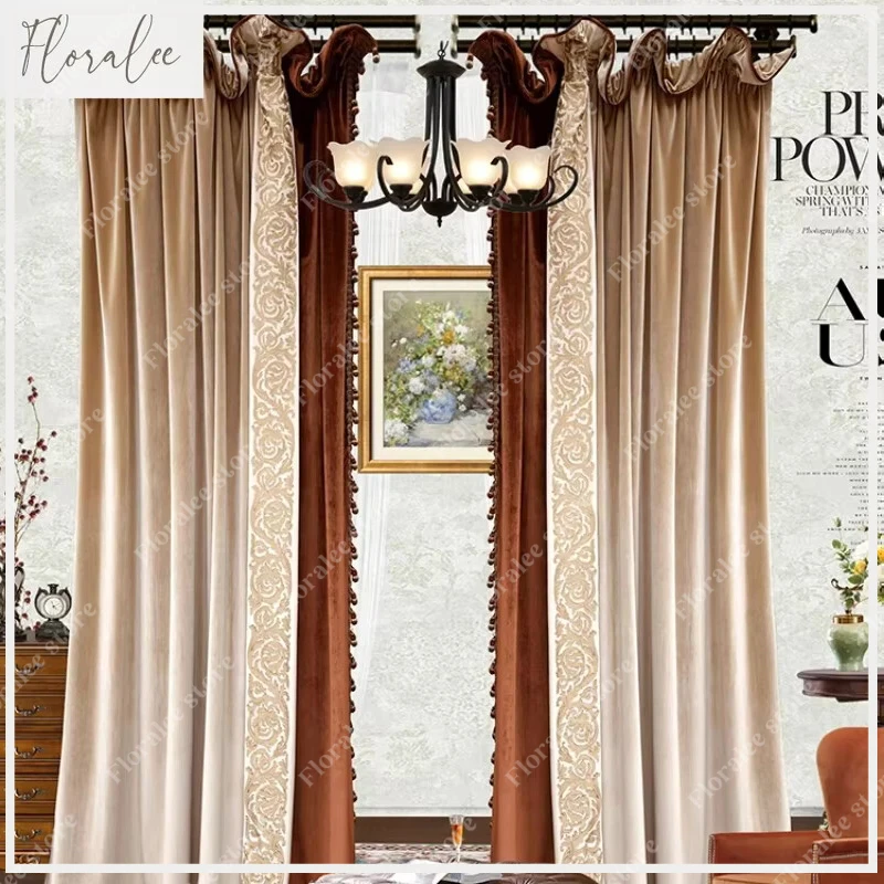 Vintage Custom Milk Tea Brown Embroidery Velvet Patchwork Blackout Curtains For Living Room Bedroom French Window Villa