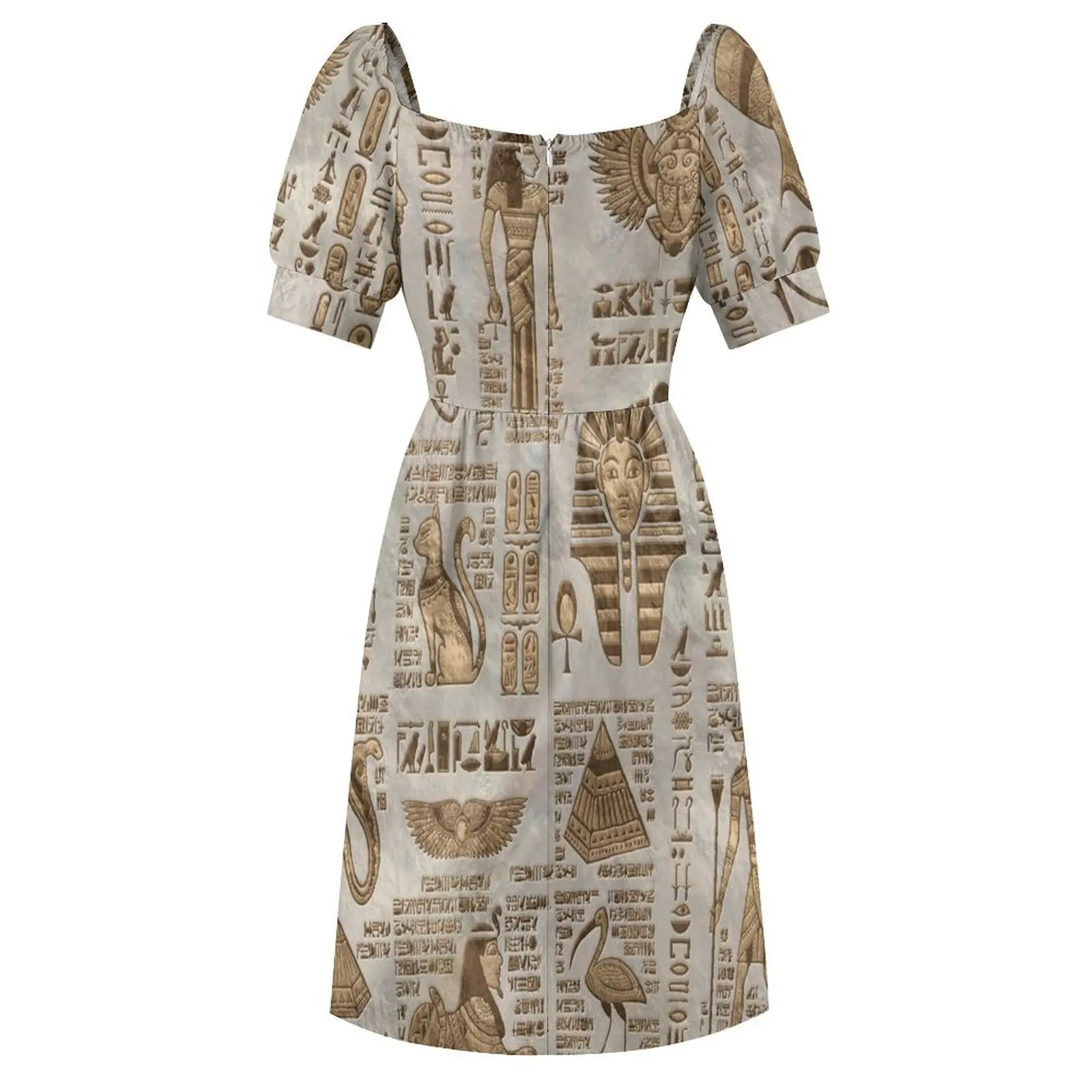 Robe de Bal à Manches Courtes pour Femme, Tenue Vintage Dorée, Déités et Hiéroglyphes Égyptiens, d'Été