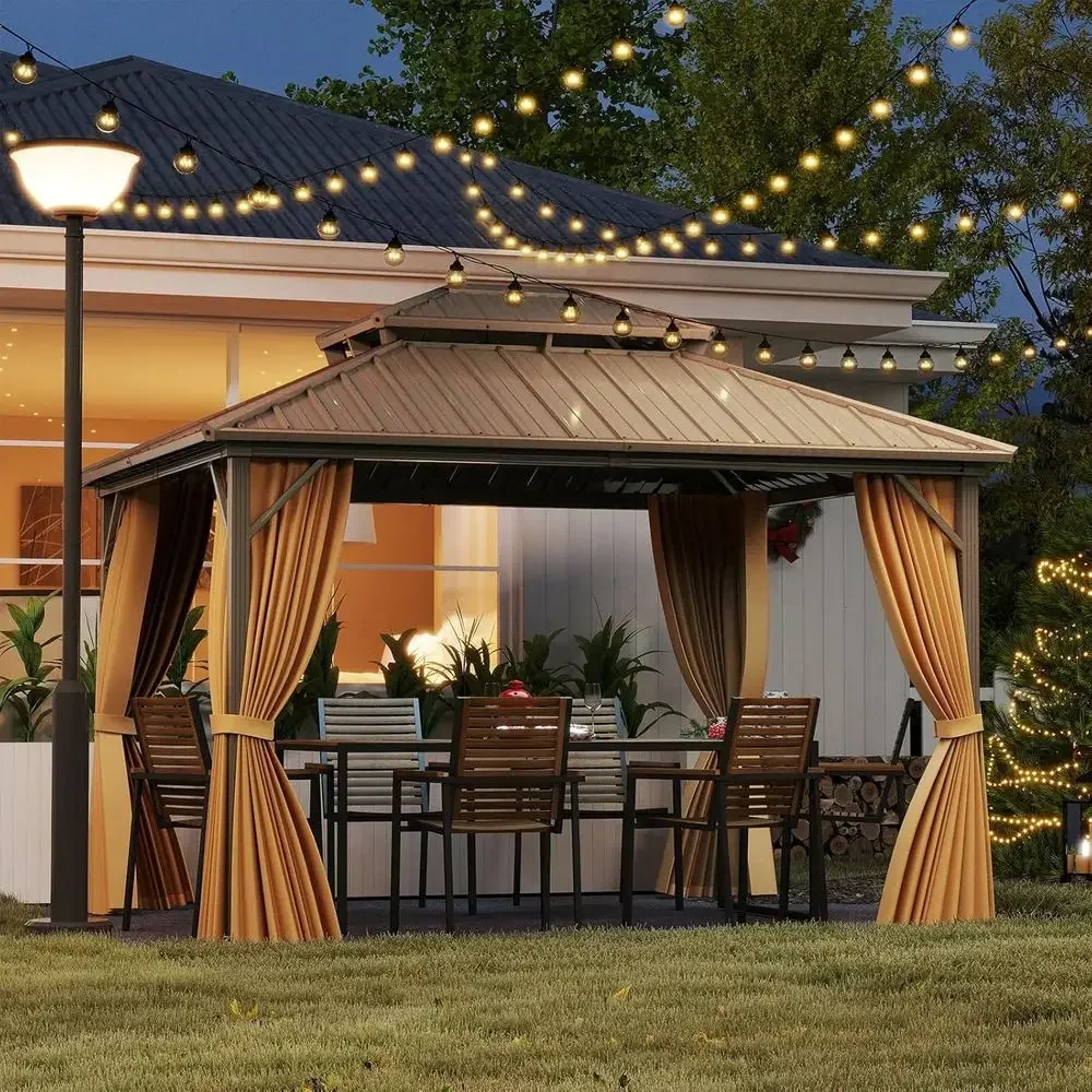 10x12 T Hardtop Gazebo, Permanent Pavilion Shelter with Netting & Curtain, Heavy-Duty Double Galvanized Metal Roo, e, Outdoor Ga