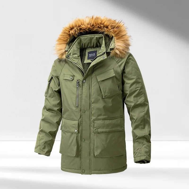 

New winter men's hooded, washed, thickened, warm coat with cotton-padded jacket and fleece workwear for warmth
