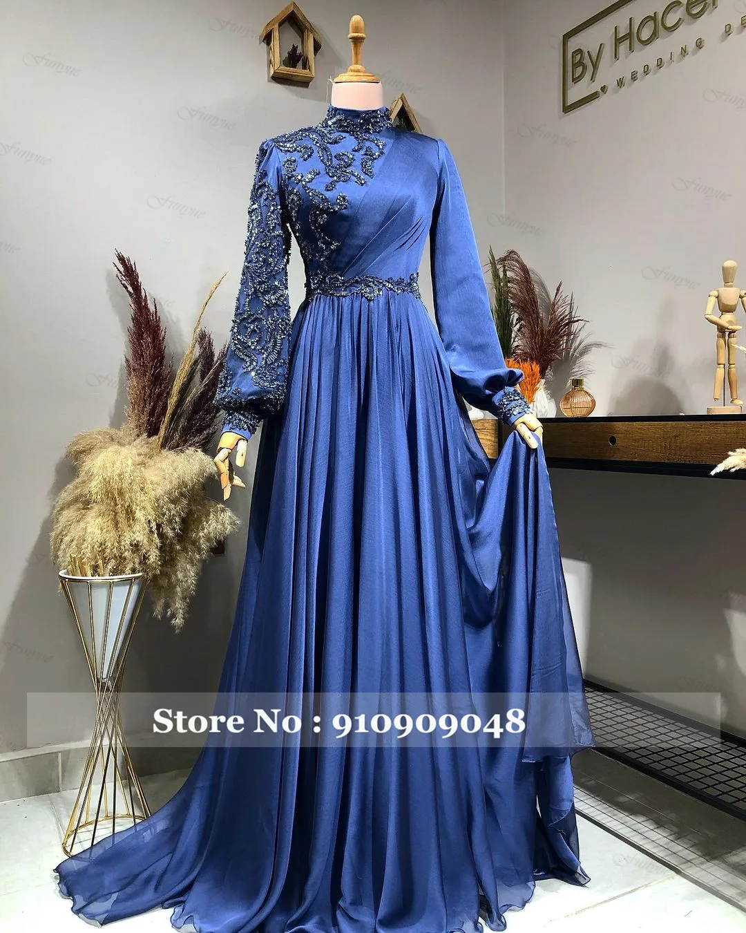 Funyue Royal Blue Elegante Moslim Vrouwen Formele Jurk Robes De Soiree Kralen Dubai Arabische Avond Party Prom Dresses Lange Mouwen