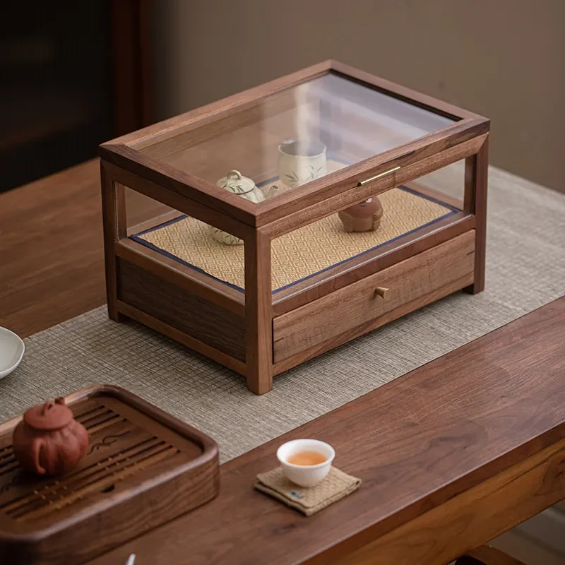 Solid Wood Walnut Desktop Organizer Single Layer Drawer Stationery Storage Box Small Study Shelf Text Plate Cabinet for