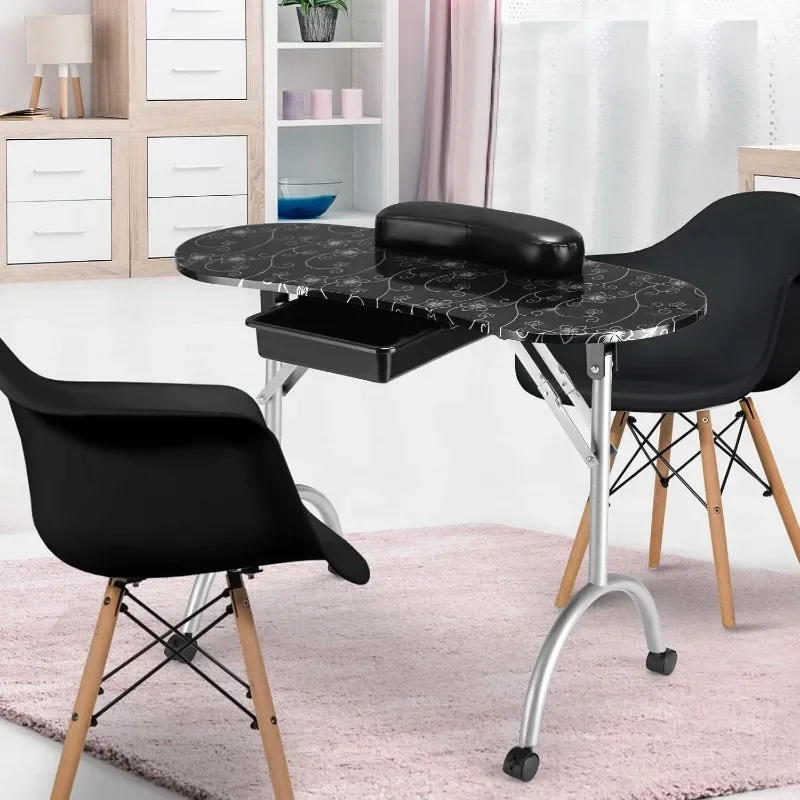 Portable Manicure Table, Foldable Nail Tech Table with Large Drawer, Wrist Rest, 4 Lockable Casters, Carrying Bag