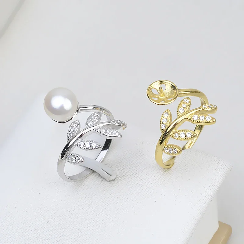 Olive Leaf Ring Blanks Adjustable Brass w/CZ Infinity Leaf Branch Ring Jewelry Findings,For 6-8mm Half Drilled Pearl Mounts,3Pc