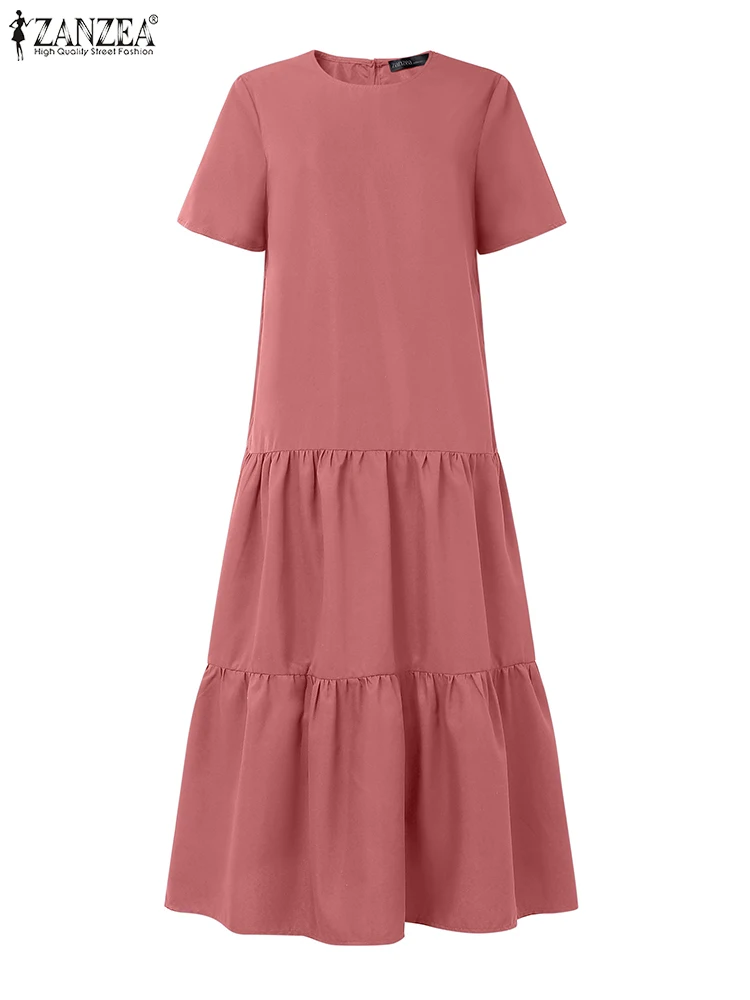 Zanzea feminino casual em camadas maxi vestidos 2025 verão o-pescoço manga curta a linha robes femme férias moda sólida vestidos