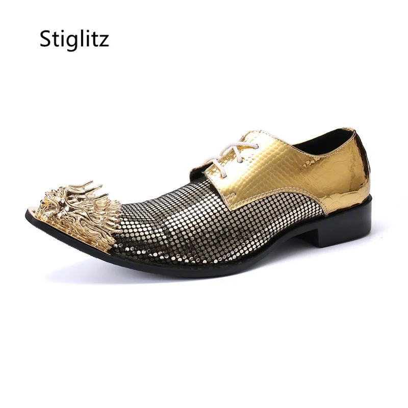 

Gold Silver Genuine Leather Men's Shoes Metal Pointed Toe Casual Dress Shoes Lace Up Business Party Wedding Single Shoes Male