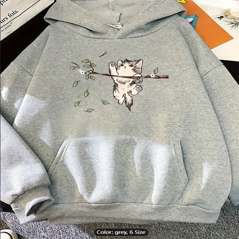 เสื้อสเวตเตอร์มีฮู้ดสีเทาสำหรับผู้หญิงลายกราฟิกสาขาแมวพิมพ์ลายลำลองขนาดใหญ่เชือกรูดสำหรับคนรักแมวผ้าฝ้ายแท้สวมใส่สบาย