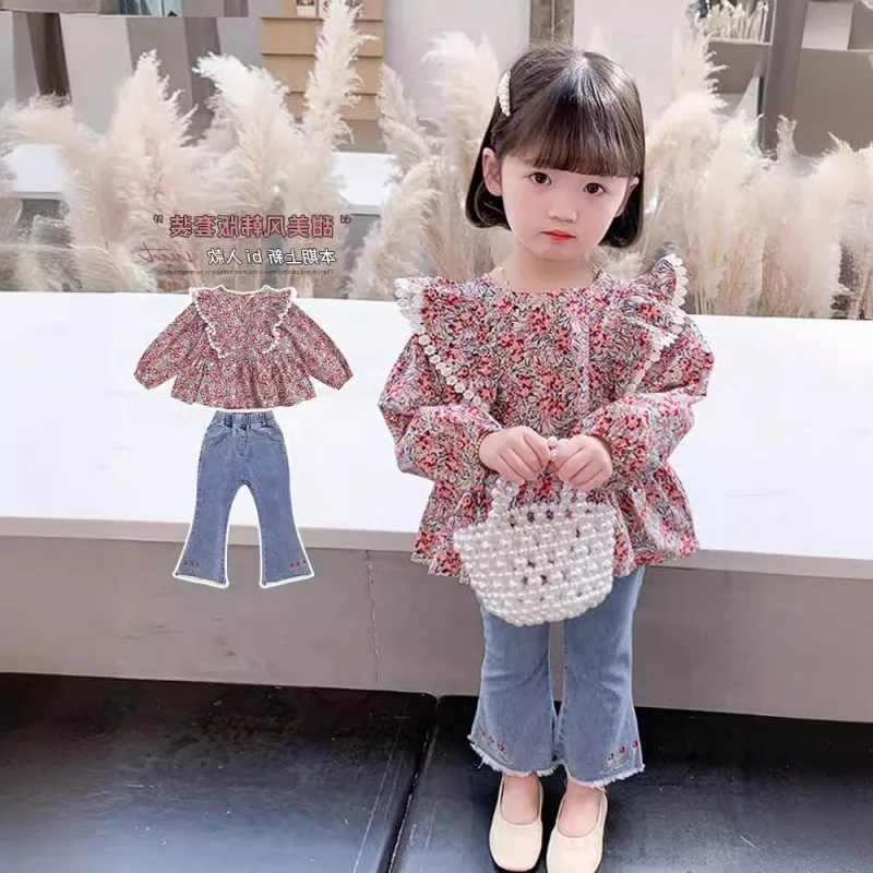 

Autumn New Children's Clothing Girls' Floral Doll Shirt plus Denim Bell-Bottom Pants Two-Piece SetWS