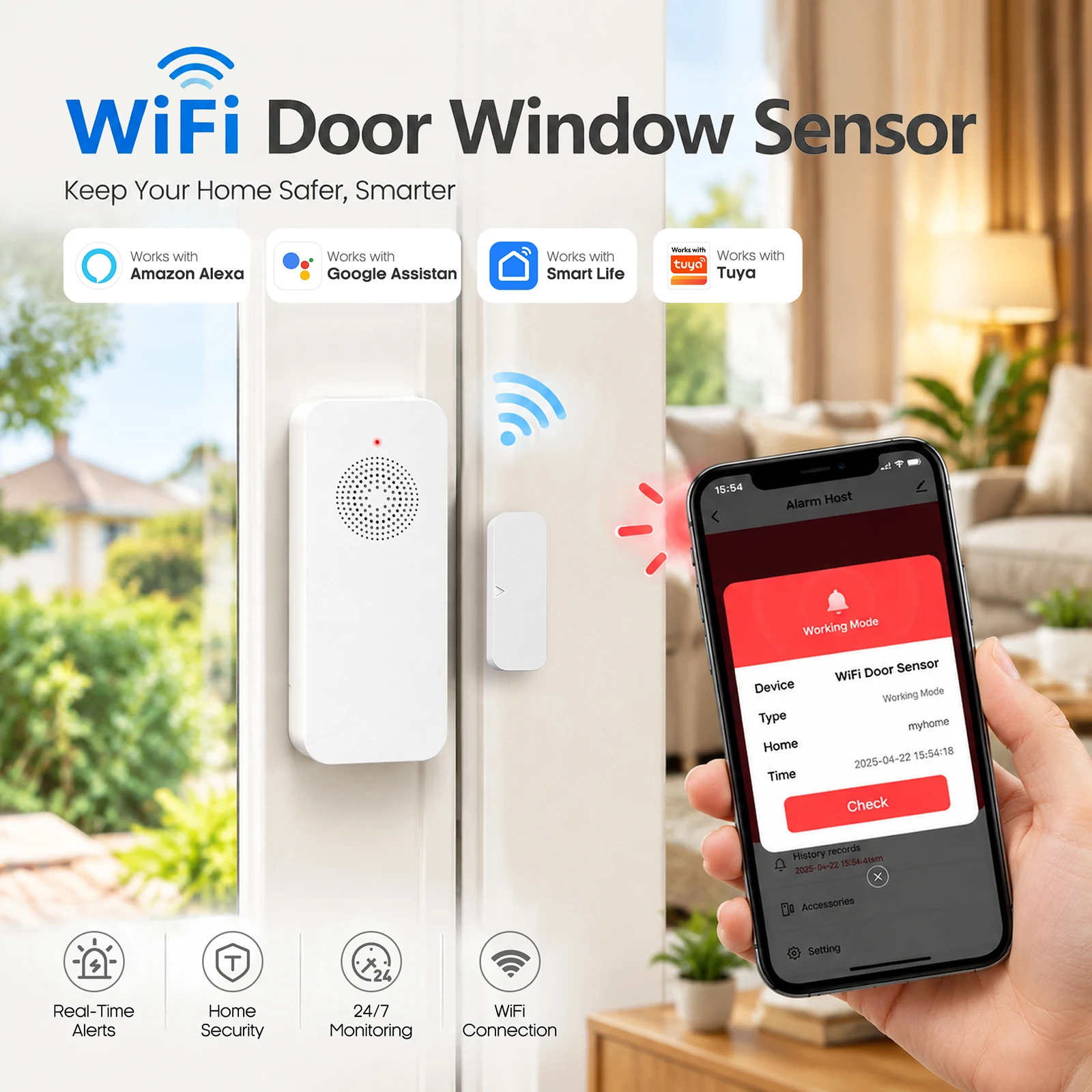 Tuya WiFi Door Sensor Window Contact Sensor Open Closed Detector APP Alert Alarm Compatible with Alexa Google Home
