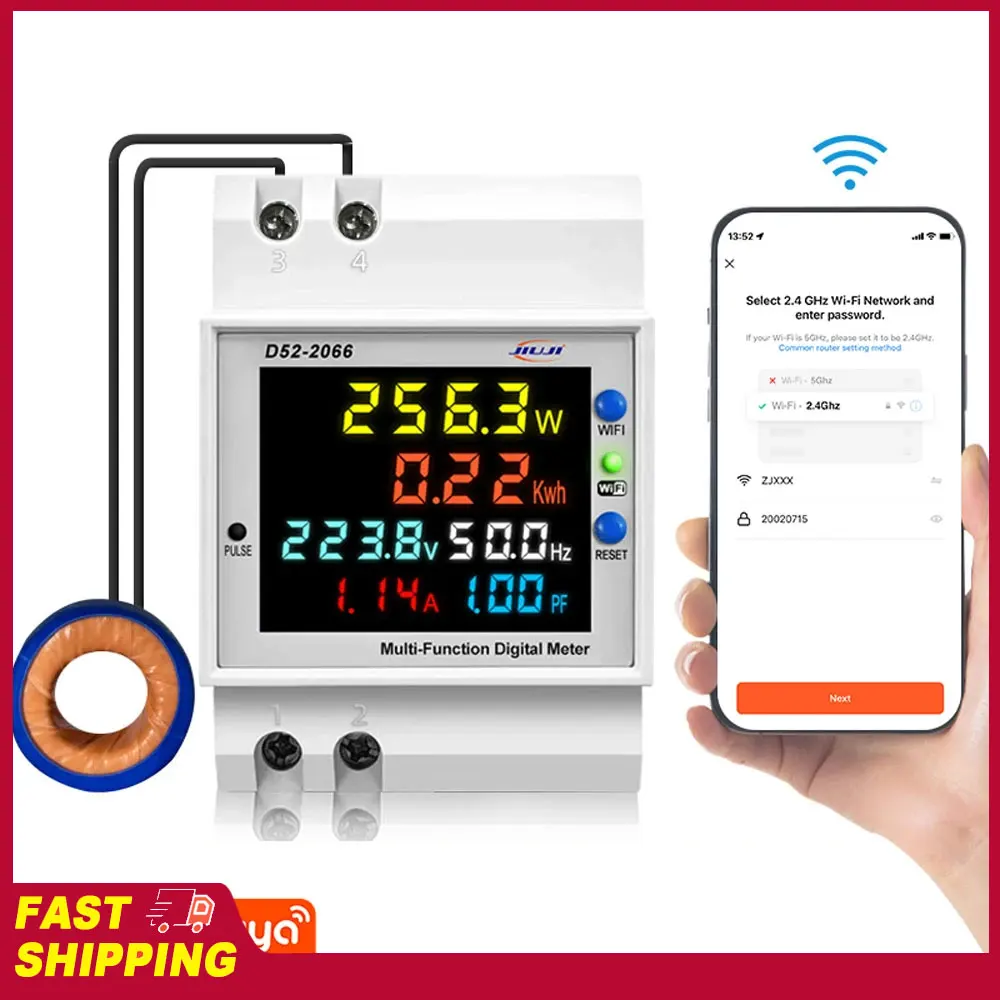 Medidor de potencia multifunción para carril DIN, medidor de frecuencia, voltaje y corriente, medidor de electricidad con pantalla digital inteligente Tuya WiFi