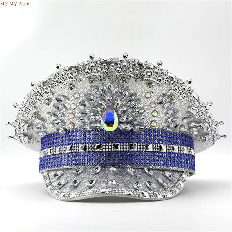Llamativo sombrero capitán plateado N1HE con incrustaciones diamantes imitación para mujer, ropa fiesta, sombrero