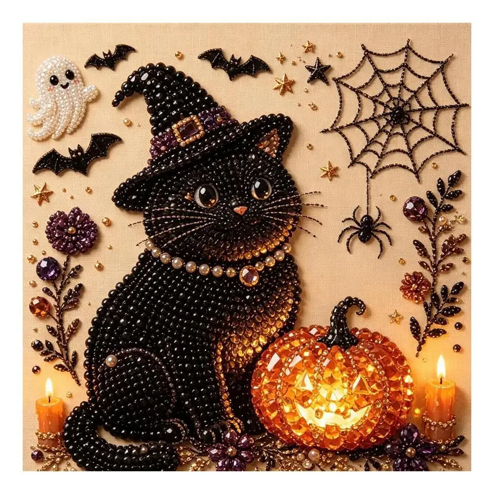 Halloween Geist & Kürbis 3D Perlenkunst DIY-Set 3D Perlenmosaik Bastelset Niedliche Schwarze Katze Geist Kürbis Leinwandkunst Heimdekoration – Detail 4