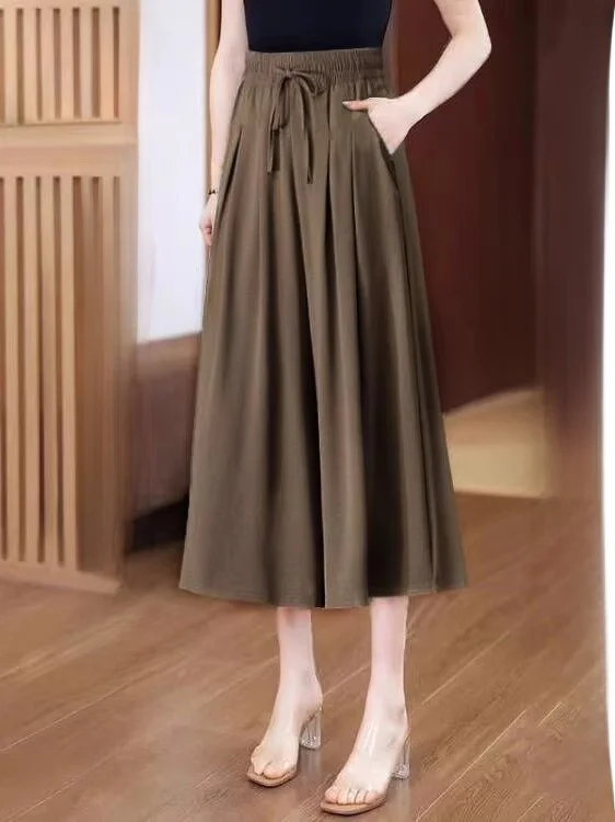 

Широкие брюки из ледяного шелка на семь футов, женские летние драпированные повседневные свободные тонкие брюки с юбкой, женские брюки для мам с высокой талией для поездок на работу